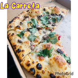 La Carreta: carne asada, cilantro, bechamel, side of salsa, a few chilies