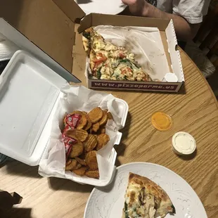 Buffalo Fries, Chicken &amp; Spinach and Chicken Pizza