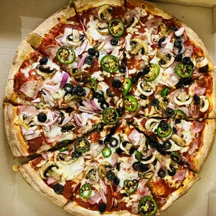 Create Your Own: ham, black olives, mushrooms, onions and jalapeños