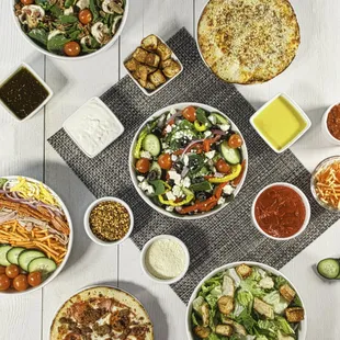 Our many salads only available at Pizza Patrón on Fredericksburg!