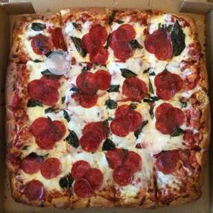 X-large thick Sicilian with pepperoni and fresh basil