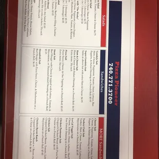 the menu of the restaurant