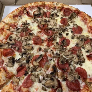 Large round cheese pizza with pepperoni and mushrooms
