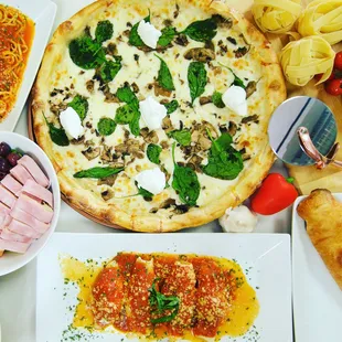 a variety of food items on a table
