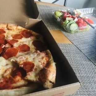 Pizza Plus delivery of pepperoni pizza and Greek Salad with Feta Cheese!