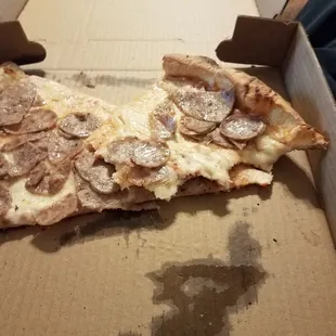 Thin, greasy, floppy pizza.