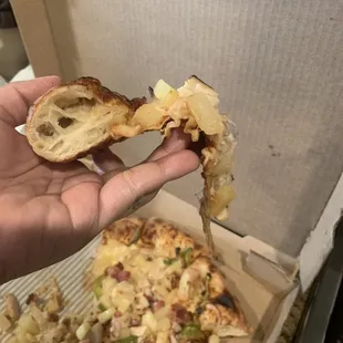 Really thick crust but no breading for the bottom to hold the toppings.