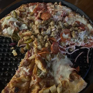 Half meat lovers and half BBQ chicken, so delicious
