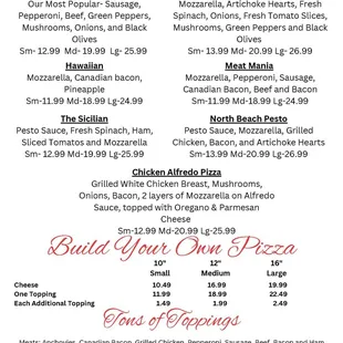 menu for classic pizza