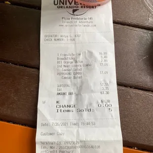 a receipt for a restaurant