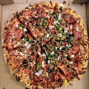 The Works (all toppings) pizza--$8.99 plus tax