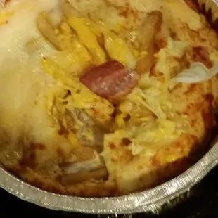 French fries with 5 pounds of cheese and turkey bacon floppier than a mule&apos;s dick