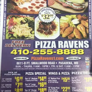 the menu for pizza ravens