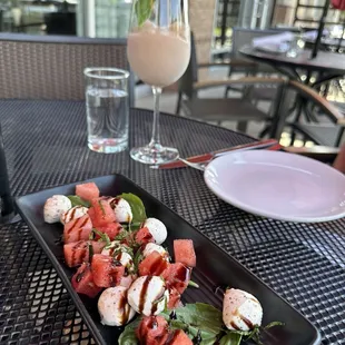 watermelon caprese and frozé on the patio