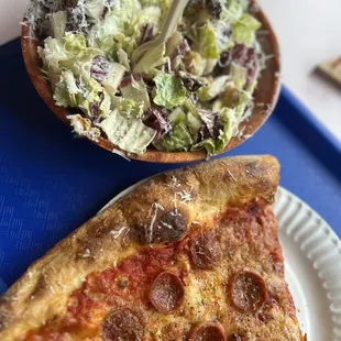 pepperoni slice and caesar salad