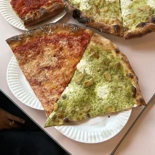 Tomato pie is top left, plain slice, and white slices. All delicous!