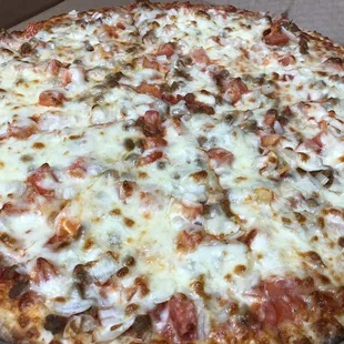 XL Thin Crust Pizza with Italian Sausage, Tomatoes, Onions, and Extra Cheese!!!