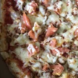 Slices of XL Pizza with Pepperoni, Italian Sausage, Sliced Tomatoes, and Onions!!!