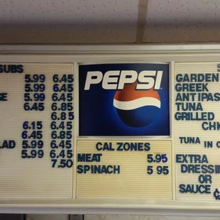 MENU: Cold sub, Salads, Calzone