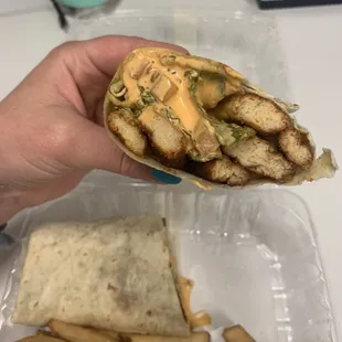 Buffalo wrap. The chicken is cold, soggy and spongy! tasteless. Buff sauce is creamy, lettuce is warm and wilted.