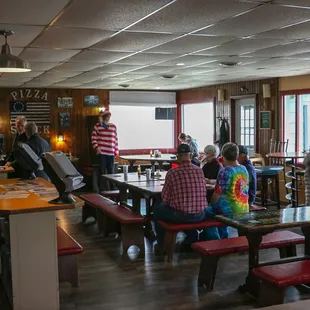 people sitting at tables in a restaurant