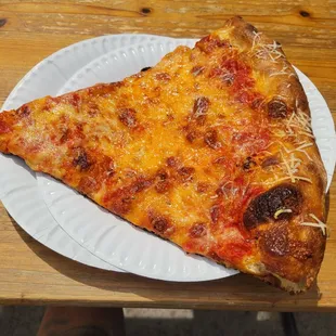 a slice of pizza on a paper plate