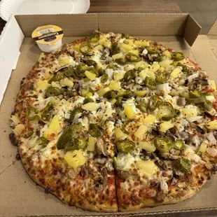 Super Shuttle, no black olives, sub pineapple