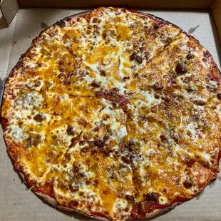 Cheese and sausage pizza with cheddar