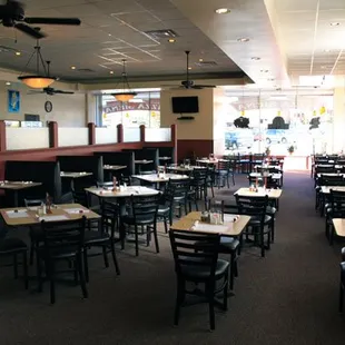 empty tables and chairs in a restaurant