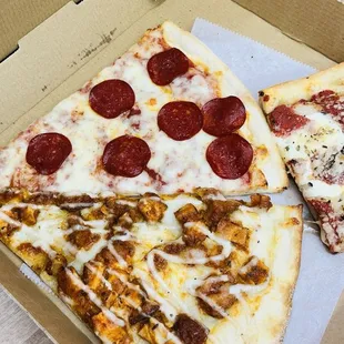 Slice of pepperoni, buffalo chicken, and margarita deep dish