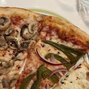 Mushroom slice, green pepper and onion slice and a grandma slice