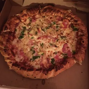 Large Canadian bacon, pineapple, and jalapeño. Delicious.