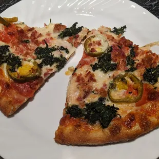 Bacon, spinach, banana peppers custom pizza