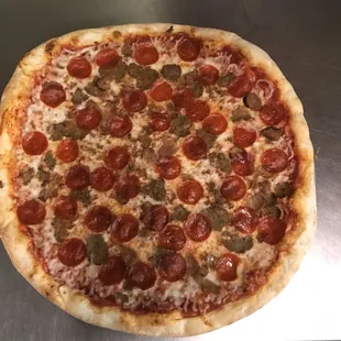 a pepperoni and sausage pizza