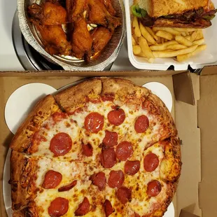 Lg pepperoni, hot wings and a meat ball sandwich