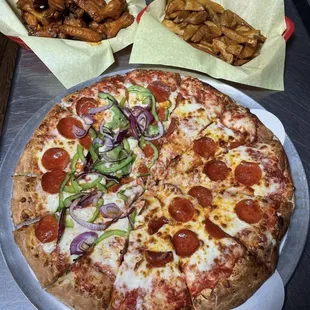 Pizza, Wings, Potato Wedges