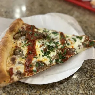 a slice of pizza on a paper plate