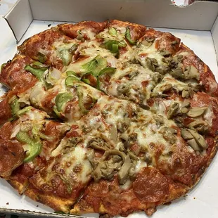 Medium pepperoni pie; 1/2 green peppers and onions, 1/2 mushrooms and extra cheese