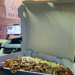 1/2 Pizza Meat Lovers &amp; 1/2 Pizza Hawaiian Pizza. Not too bad for a pit stop!