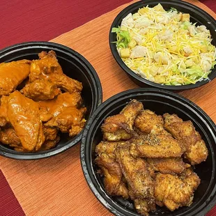 Chicken Cesar salad. Lemon pepper wings. Spicy chicken.