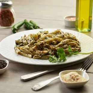  plate of pasta on a table