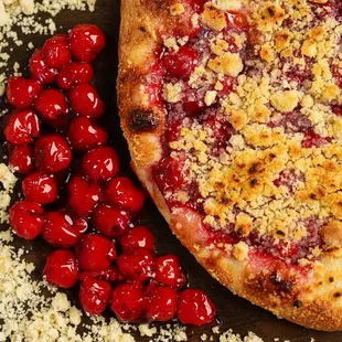Cherry Crumble Pie: homemade dough, cinnamon, raw sugar, cherries, brown sugar crumbles.