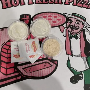 Extra ranch, vegan shredded Parmesan, and crushed red pepper flakes