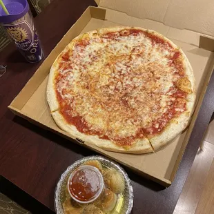Large Cheese Pizza and garlic knots.