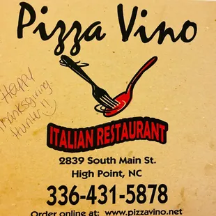 Awesome pizza and staff that love their little customers. His favorite waitress left him a note on the pizza we picked up the other night.