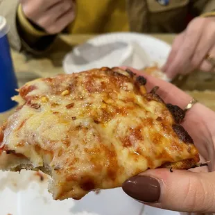 a person holding a slice of pizza