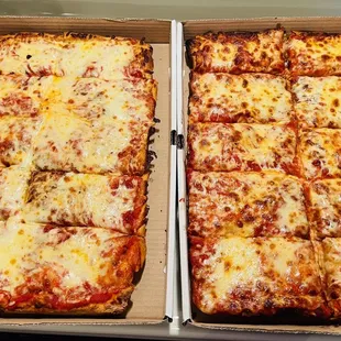 two large pizzas in a box
