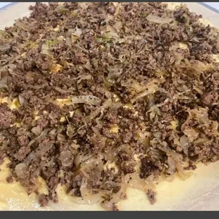 ground beef, onions, and cheese