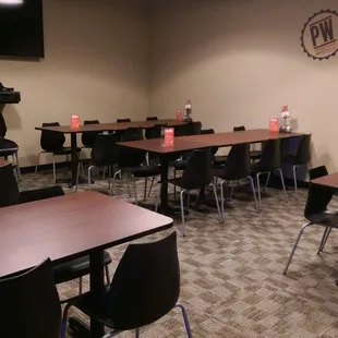 party room holds up to 45 people, perfect fro team, family or work events.  Video monitor to play videos or do slide shows.
