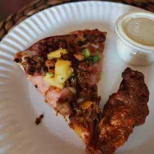 Pizza and wing with dipping ranch